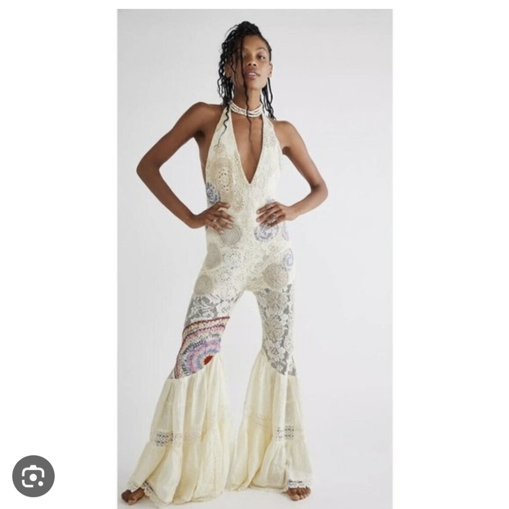 Free People Cream and Multicolor Jumpsuit